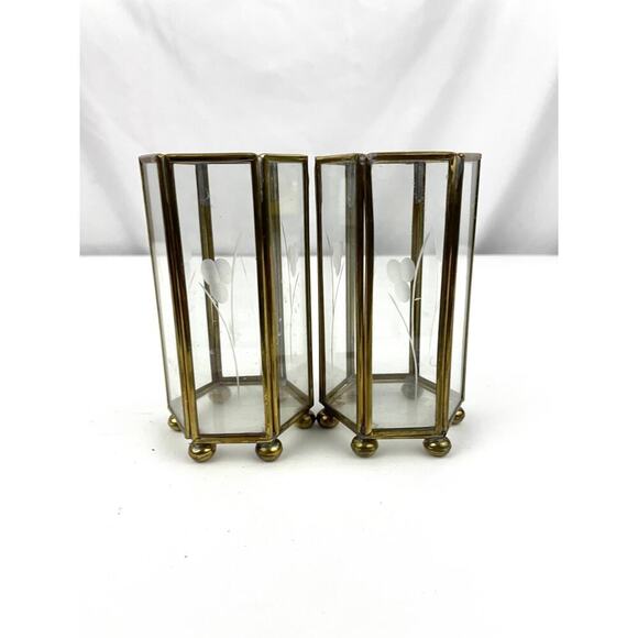 VTG Mini Brass Etched Glass Lantern Candle Holder Display Lot of 2 - Picture 6 of 16